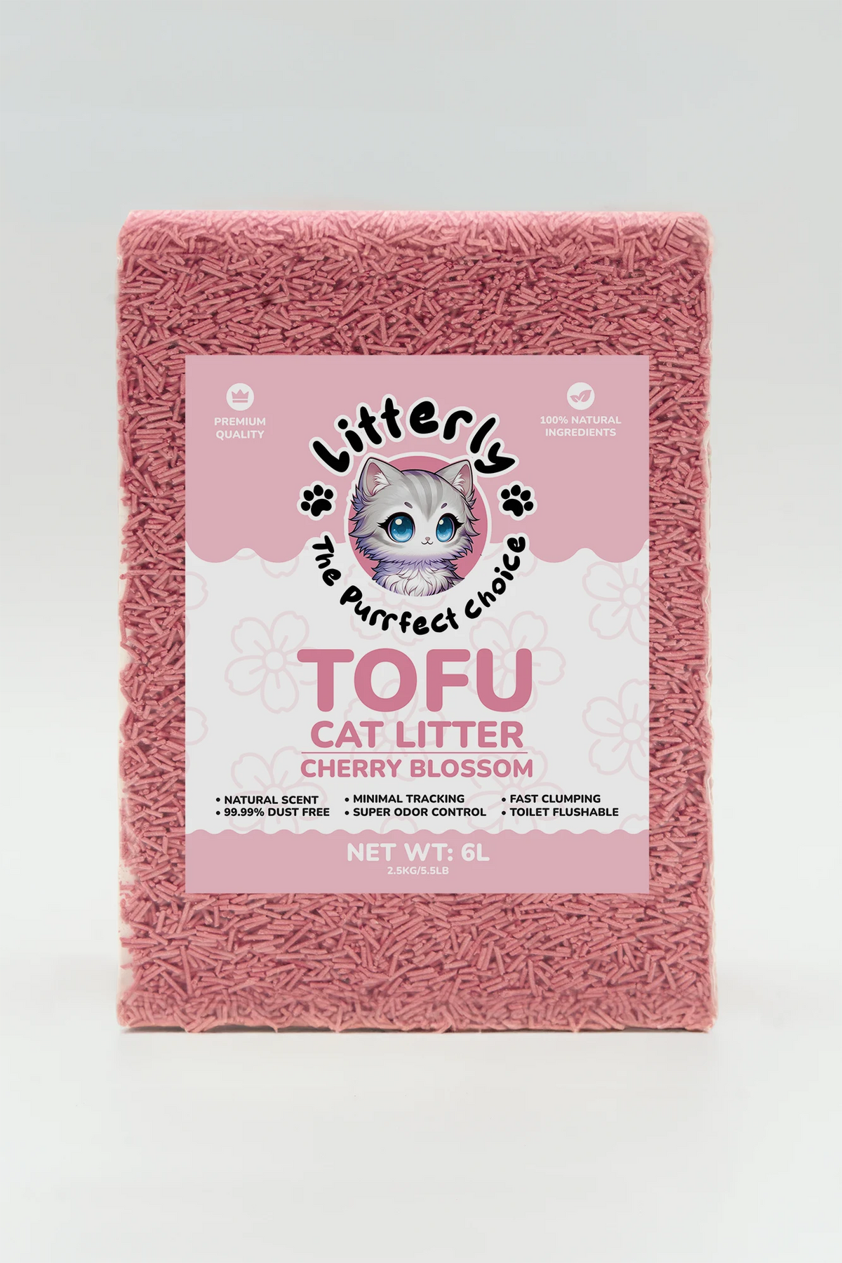 Pink cat litter package with 'Litterly' branding on a white background