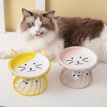 Elevated Ceramic Cat Bowl with Metal Riser