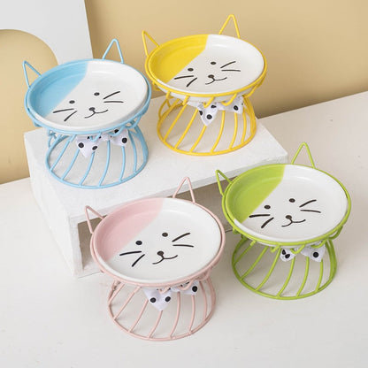 Elevated Ceramic Cat Bowl with Metal Riser