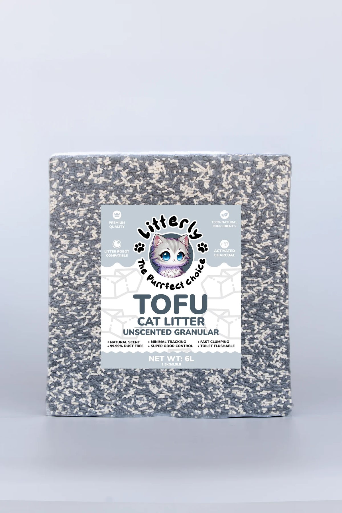 Box of tofu cat litter with a gray and white design on a light gray background