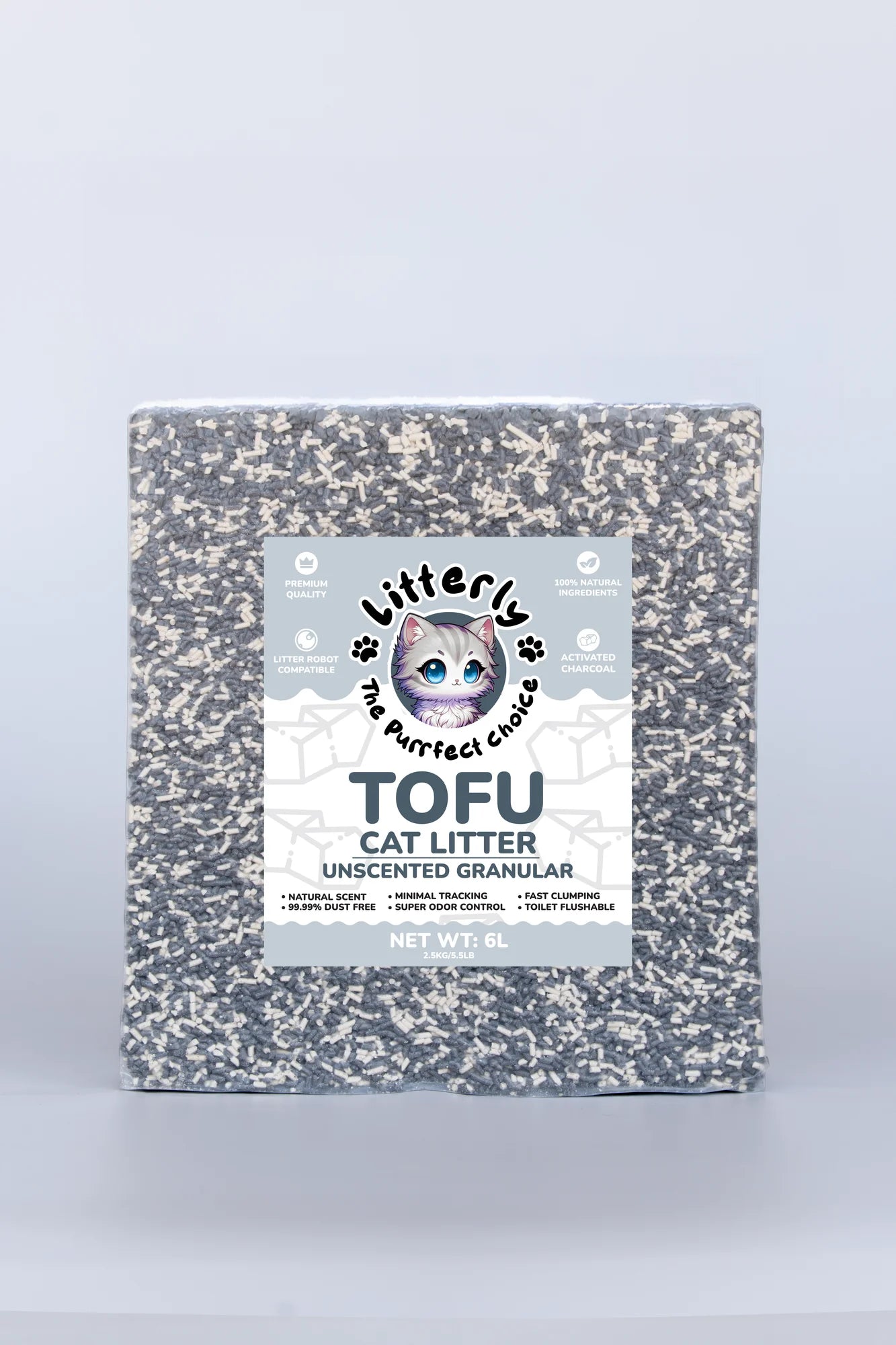 Box of tofu cat litter with a gray and white design on a light gray background