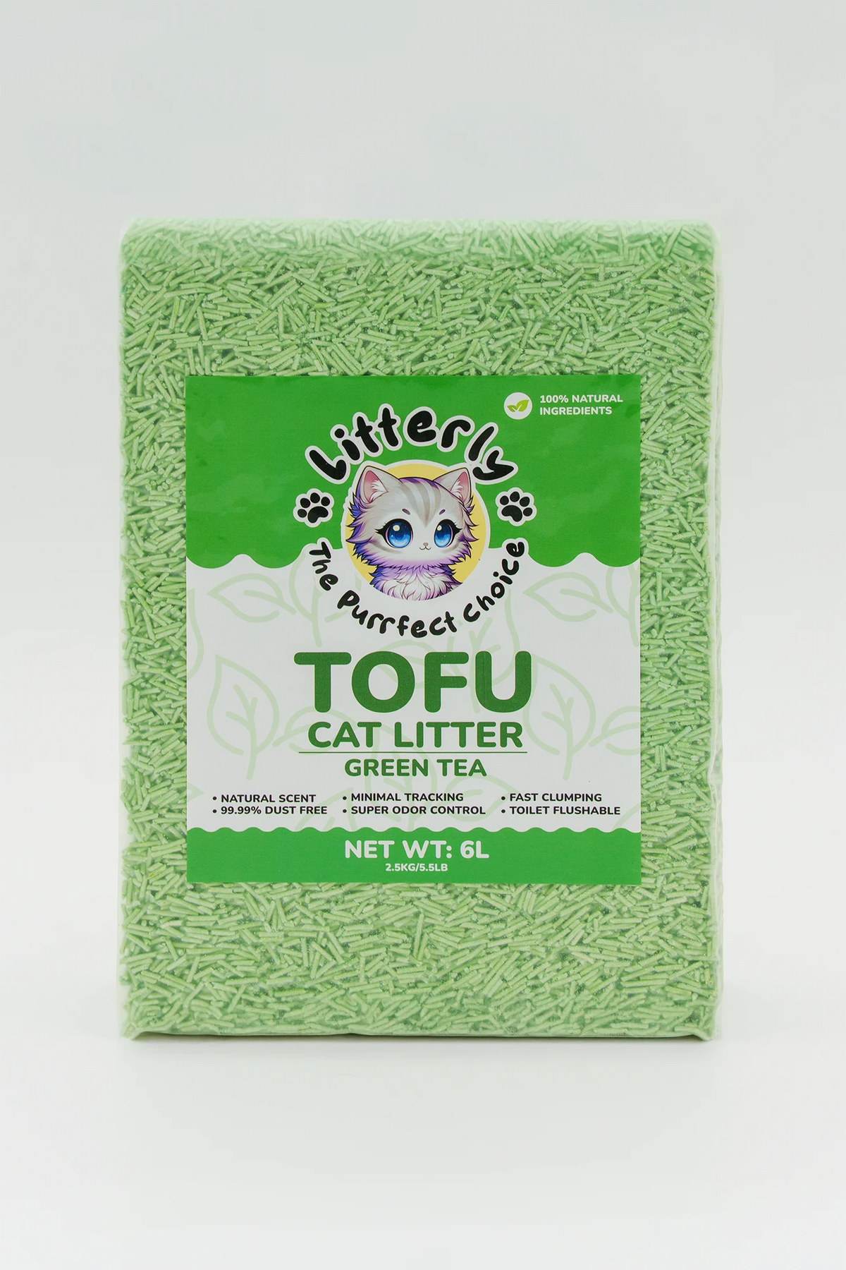 Green cat litter package with a cat-themed label on a white background