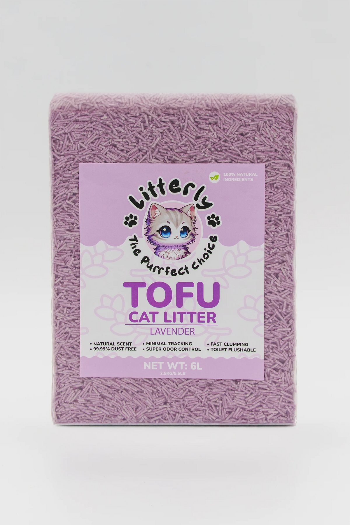 Purple tofu cat litter package with a label on a white background