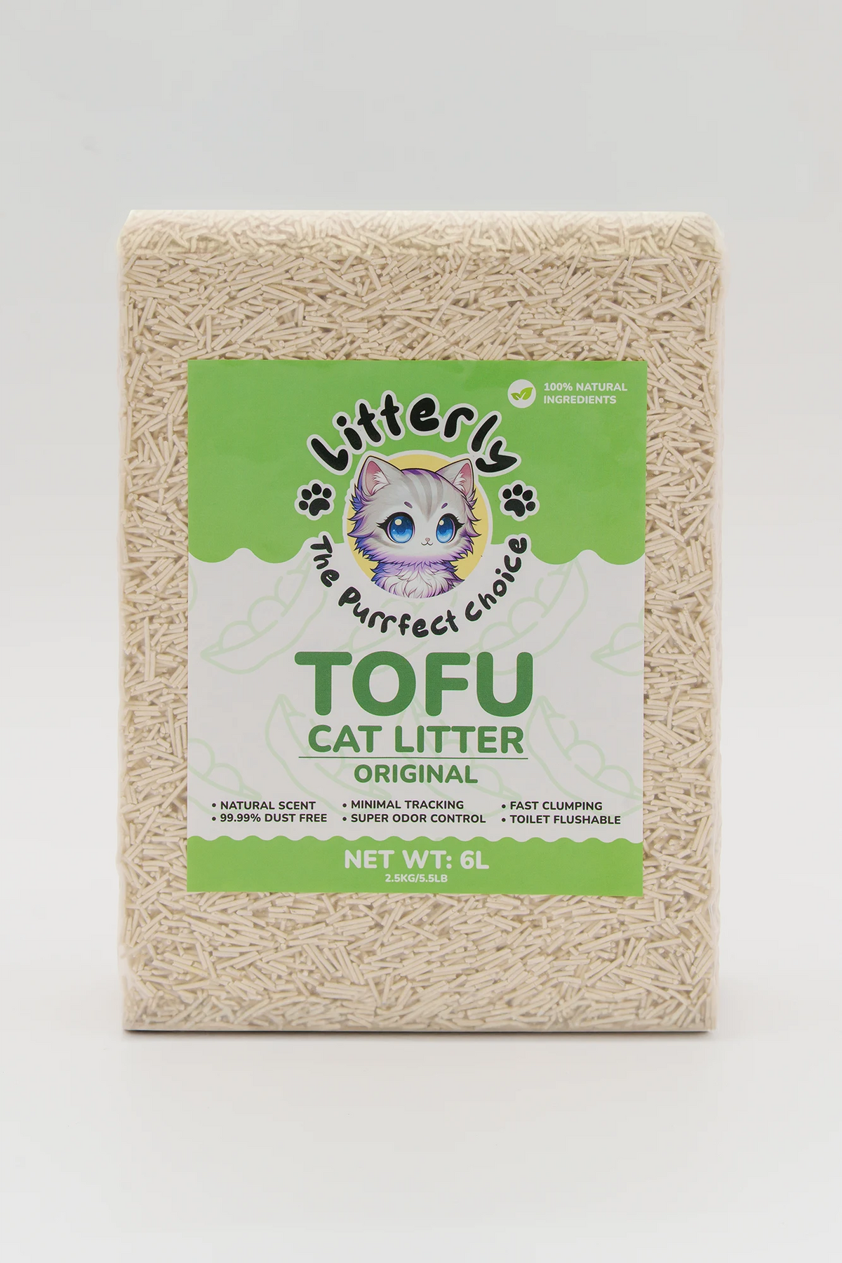 Box of Litterly Tofu cat litter with a green label on a white background