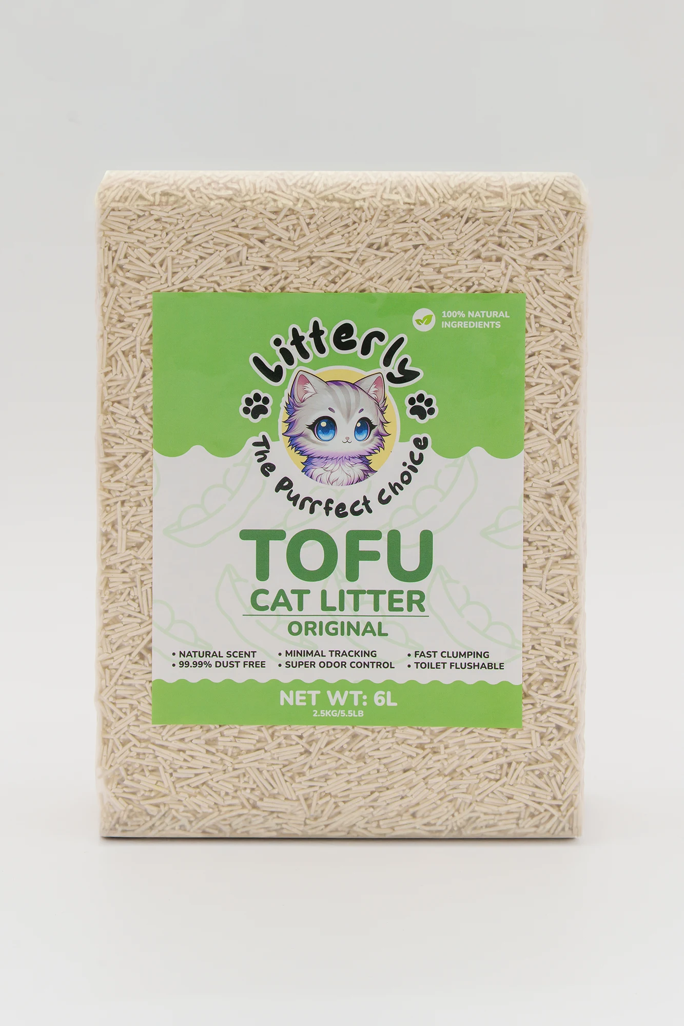 Box of Litterly Tofu cat litter with a green label on a white background