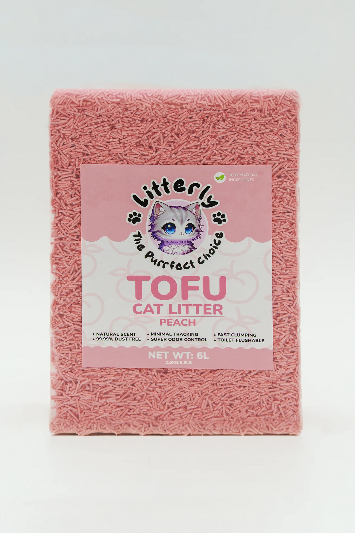 Pink cat litter package with a label on a white background