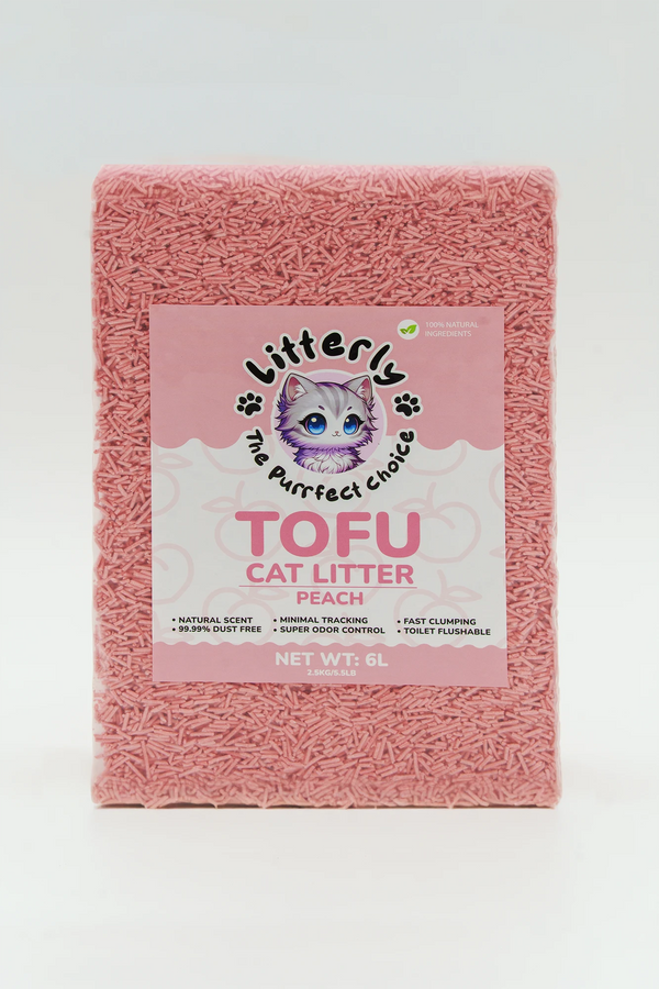 Pink cat litter package with a label on a white background